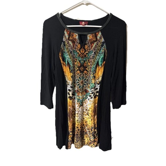 From the Heart Black with Scarf Artistic Ornate Pattern Tunic Blouse Size Large - Picture 1 of 5